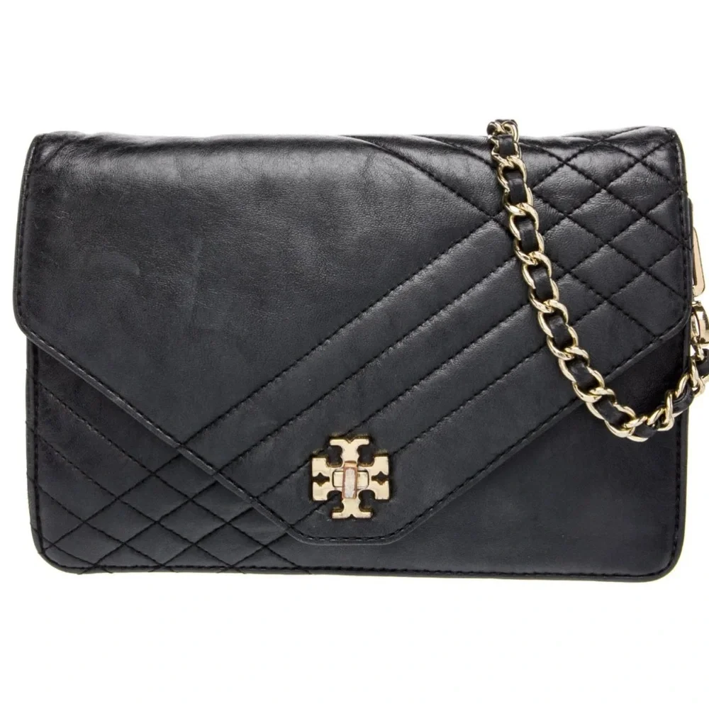 Authentic Tory Burch Black Leather Kira Envelope Flap Chain Bag